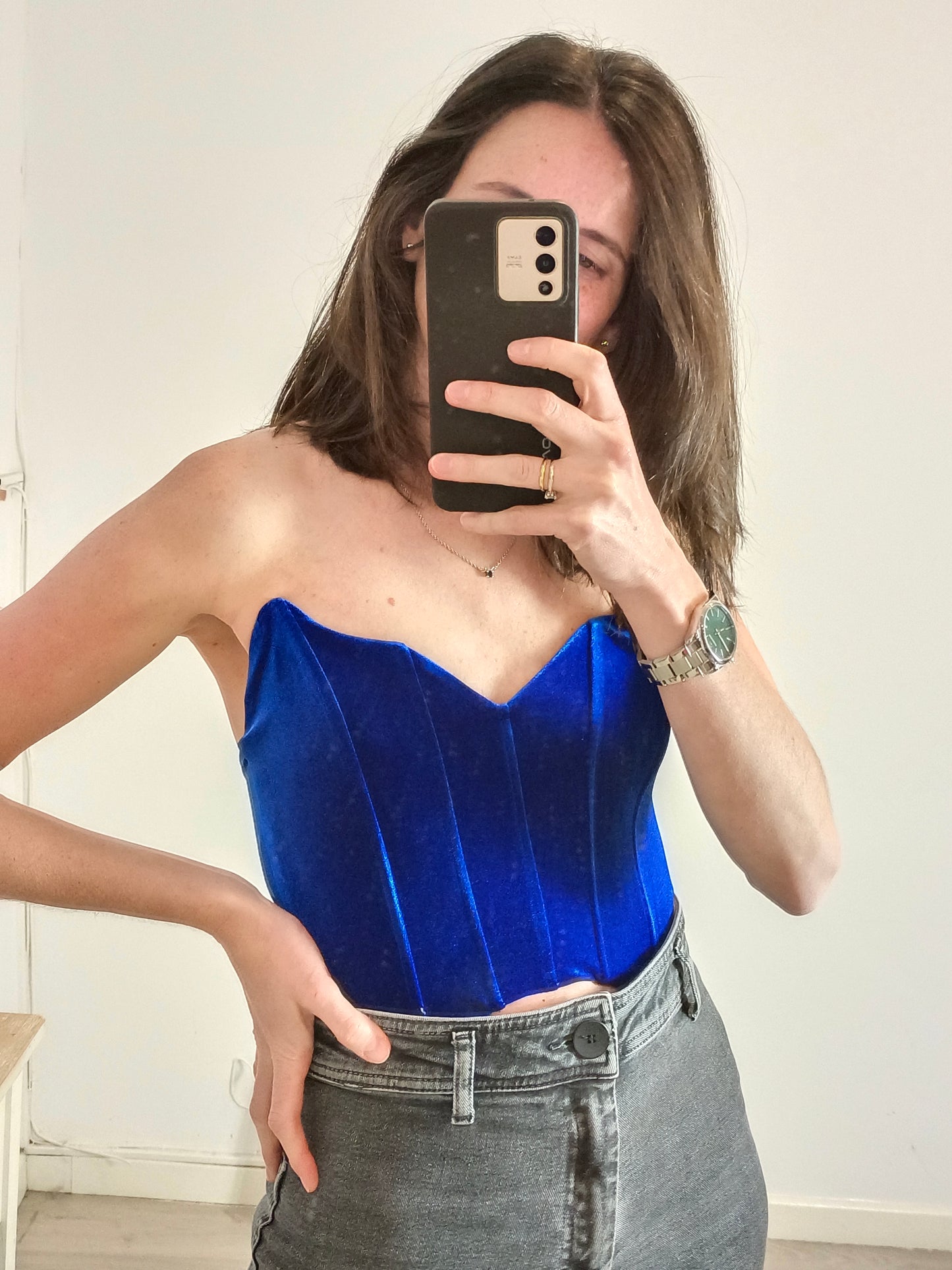 BERSHKA. Top terciopelo azul. T S