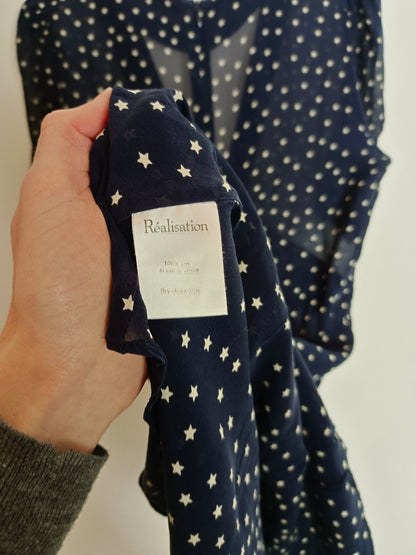 RÉALISATION. Vestido seda azul estrellas T.s