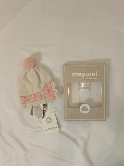 MAYORAL. Gorro punto beige y rosa T.3 meses