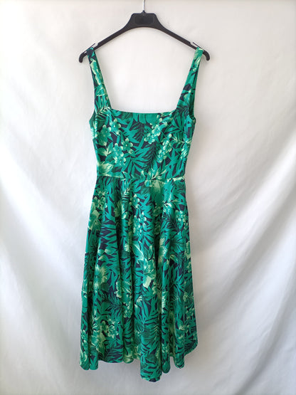 ZARA.Vestido midi verde Flores T.XS