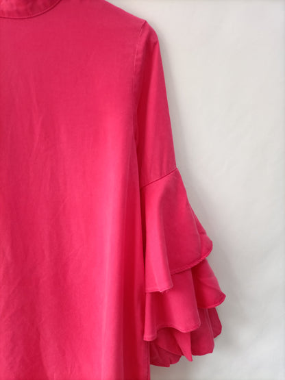 ZARA. Vestido rosa mangas volantes T.xs