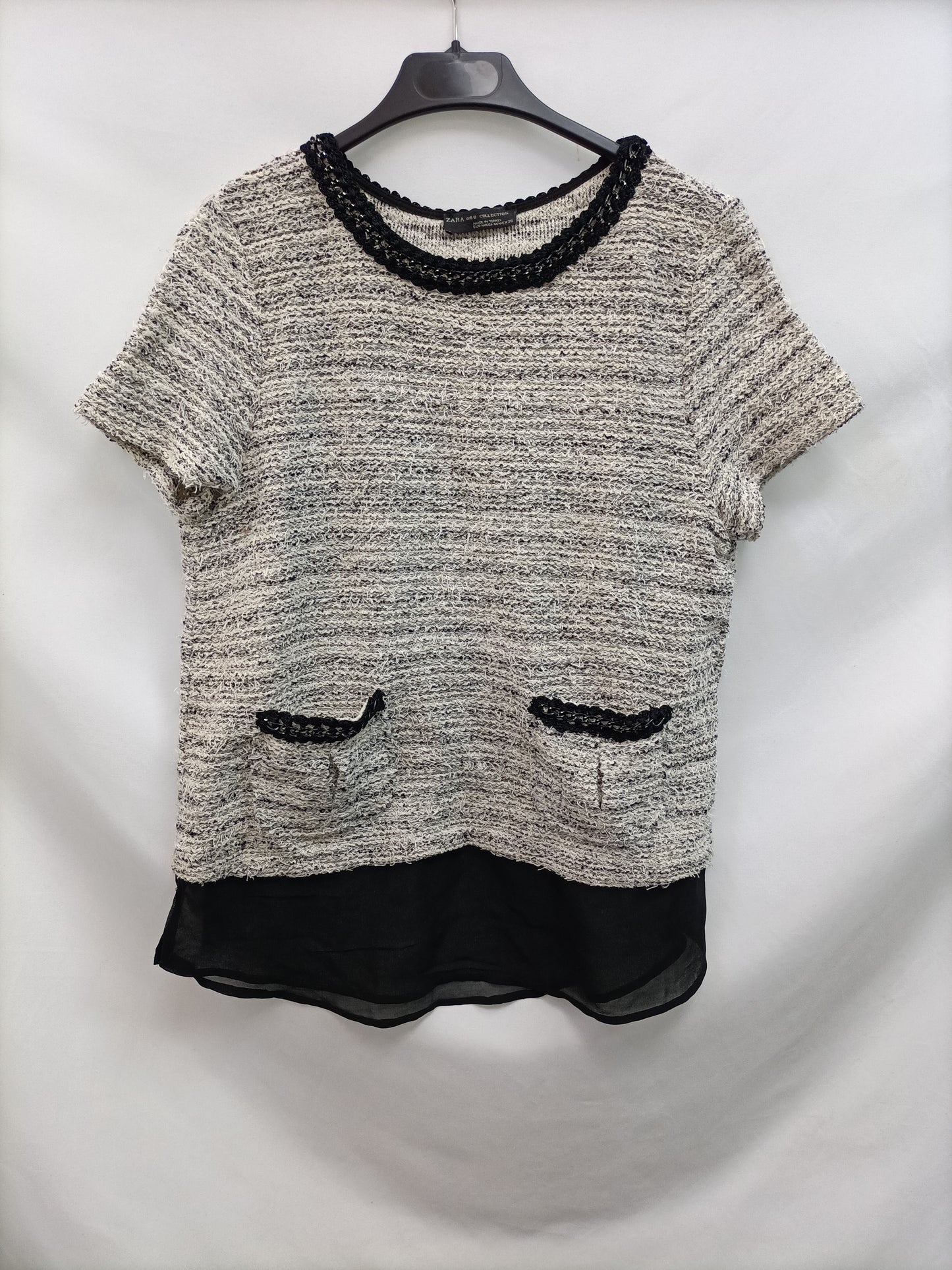 ZARA.Top tweed doble textura cadena T.m