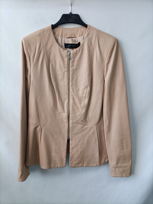 ZARA.Cazadora piel beige T.m