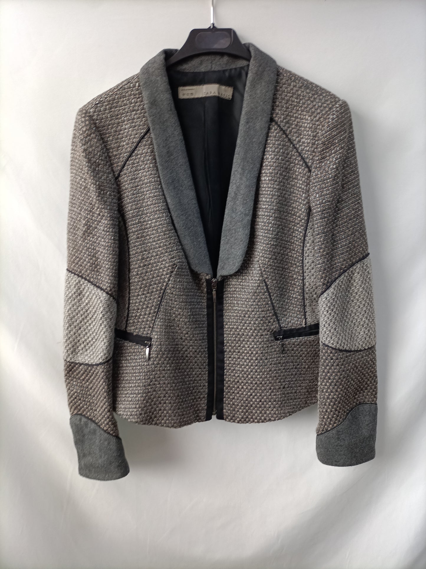 ZARA. Chaqueta tweed gris T.xl