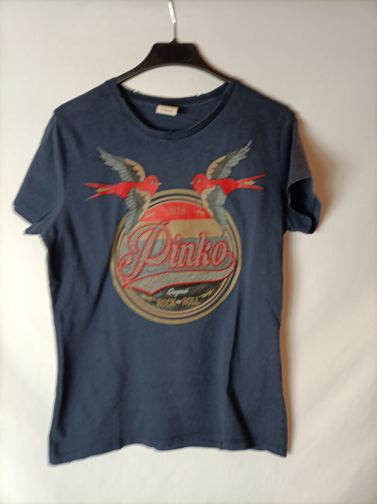 PINKO. Camiseta azul dibujo T.s