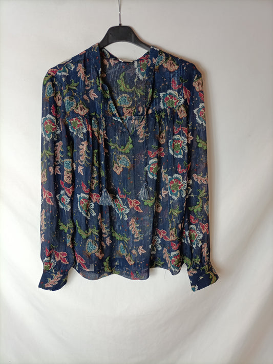 SUNCOO. Blusa azul flores T.1(s)