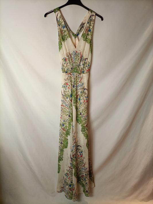 MAJE. Vestido largo gasa beige estampado. T 34