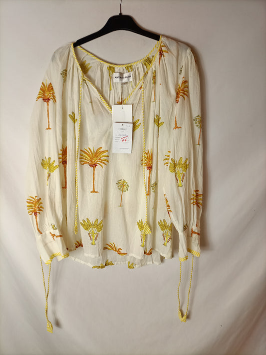 ANTIK BATIK. Blusa blanca estampada mangas T.36