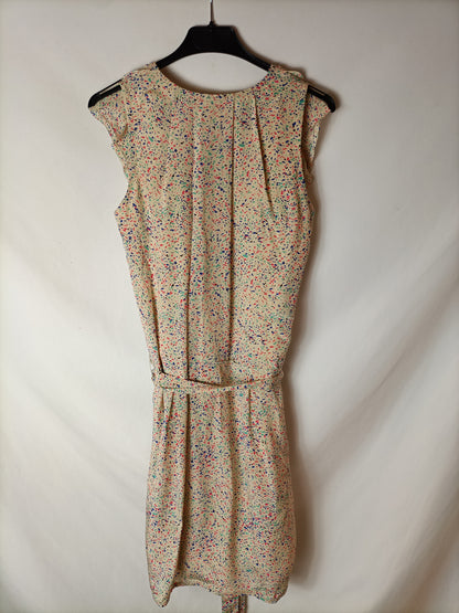 BIMBA Y LOLA. Vestido seda beige estampado. T S