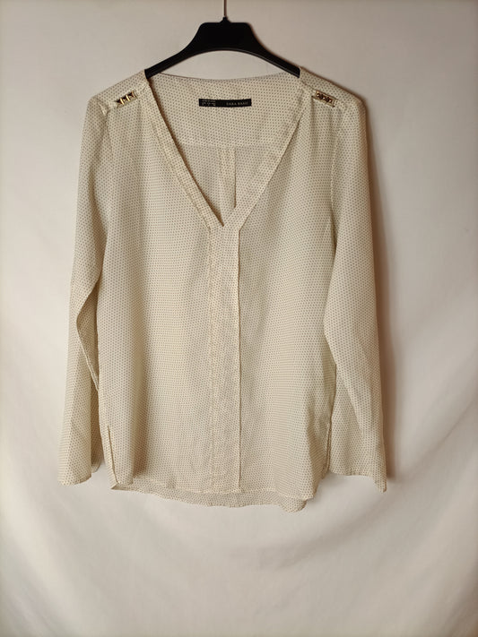 ZARA. Blusa  beige fluida lunares. T S