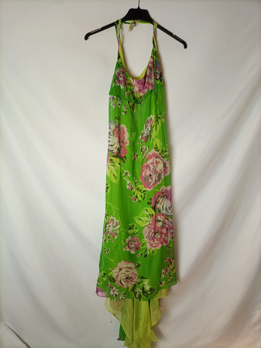 D&G. Vestido gasa verde estampado. T 38