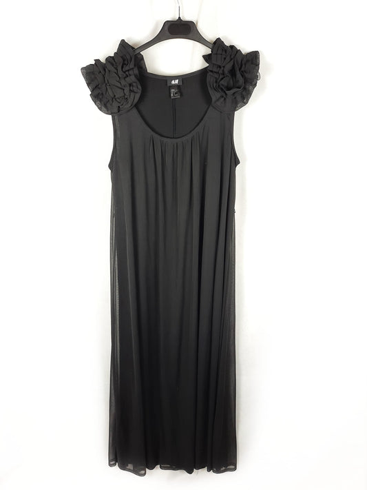 H&M. Vestido negro flores hombros  T.m