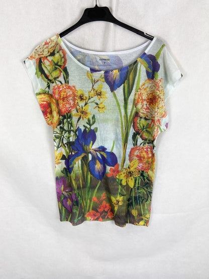 EXPRESS. Camiseta corta blanca estampado flores T.xs