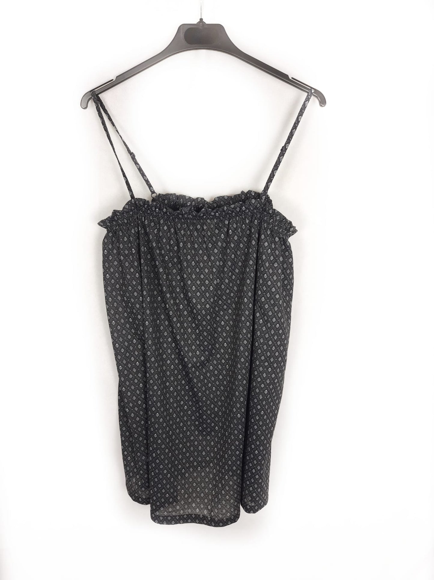 H&M. vestido tirantes negro rombos estampado T.s