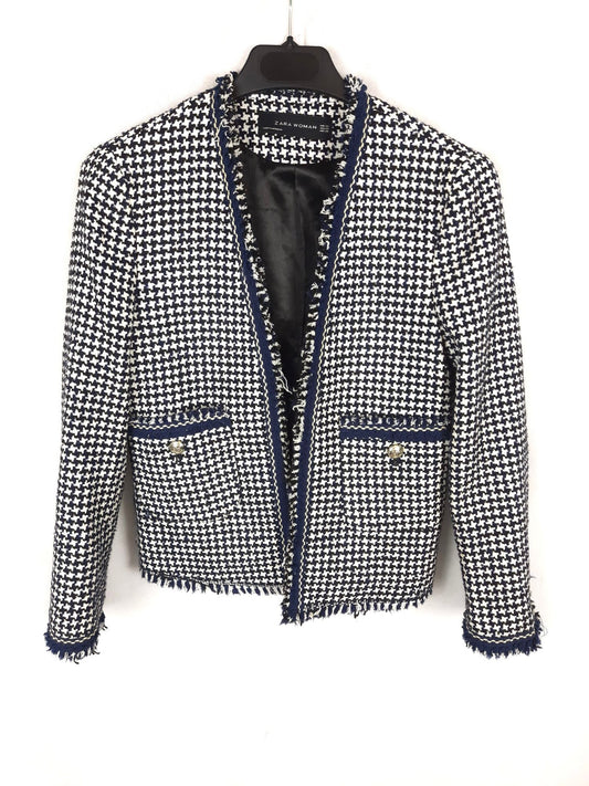 ZARA. Chaqueta azul tweed azul y blanca T.xs