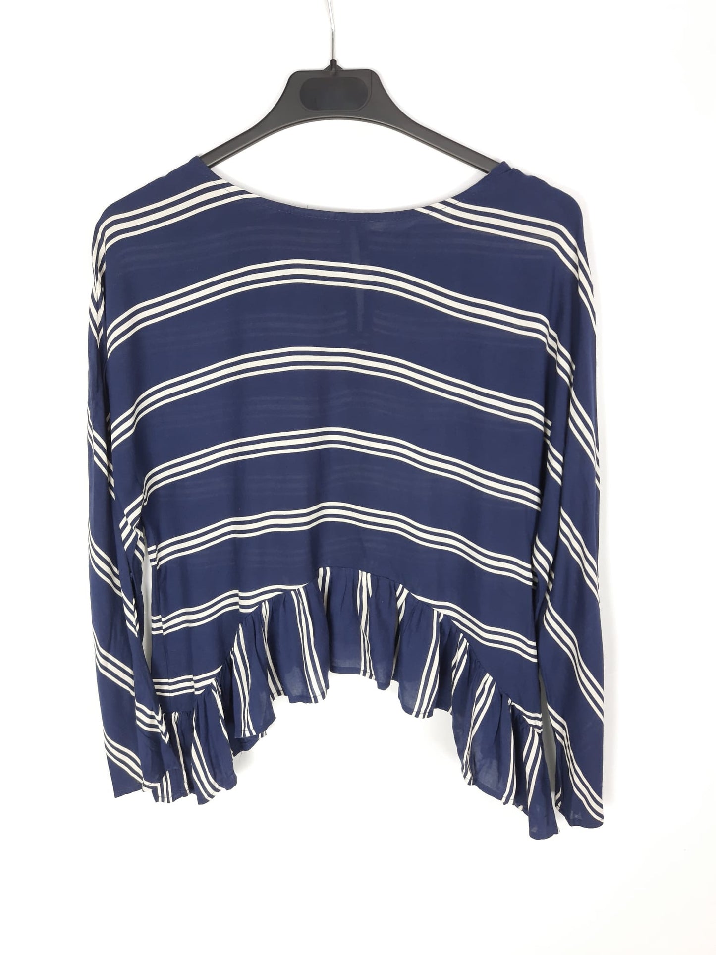 ZARA. Blusa azul marino volante rayas T. xs