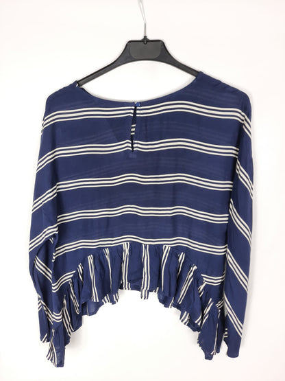 ZARA. Blusa azul marino volante rayas T. xs