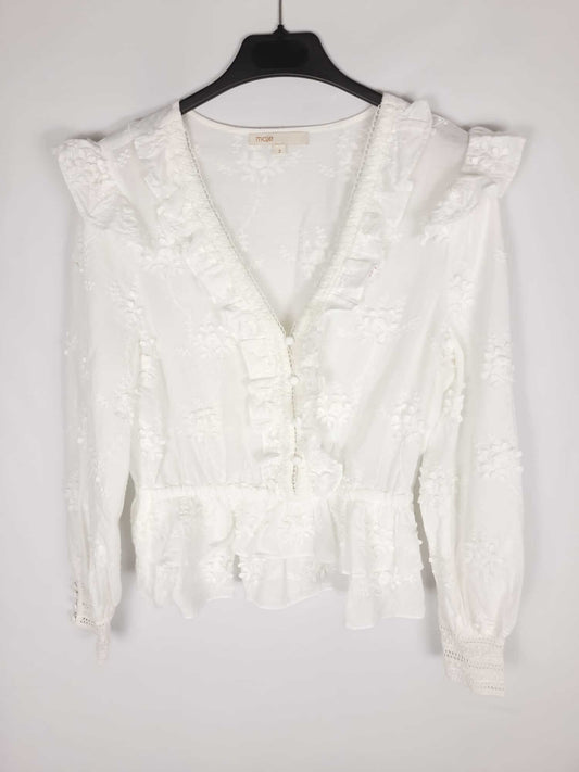 MAJE. Blusa blanca bordada volantes T.s