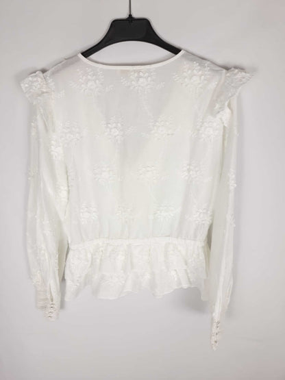 MAJE. Blusa blanca bordada volantes T.s