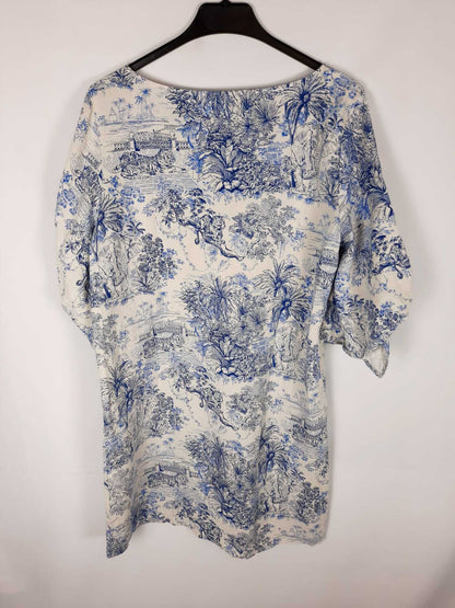 H&M. Vestido corto blanco estampado azul T.38