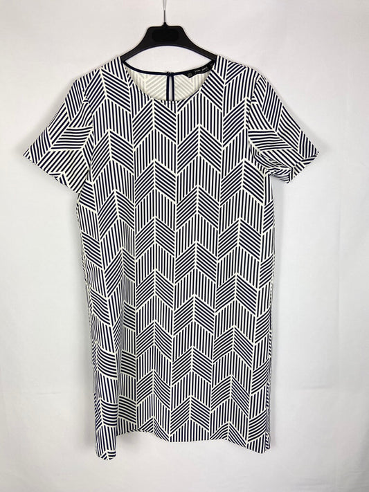 ZARA. Vestido corto blanco estampado geométrico azul marino Ts