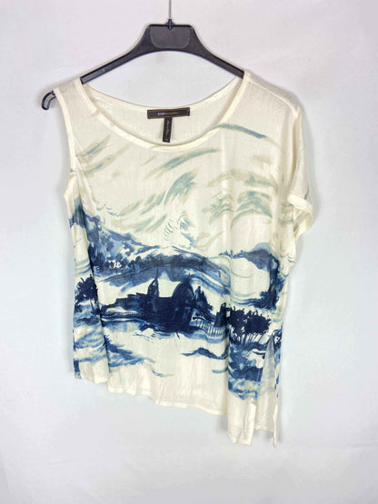 BCBGMAXAZRIA.  Camiseta blanca estampado en azul marino T.xs