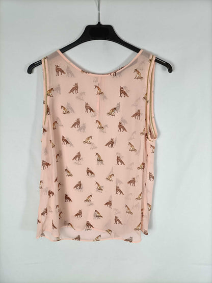 ZARA. Top semitransparente rosa estampado de zorros T.l