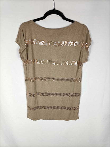 H&M. Camiseta beige lentejuelas T.34