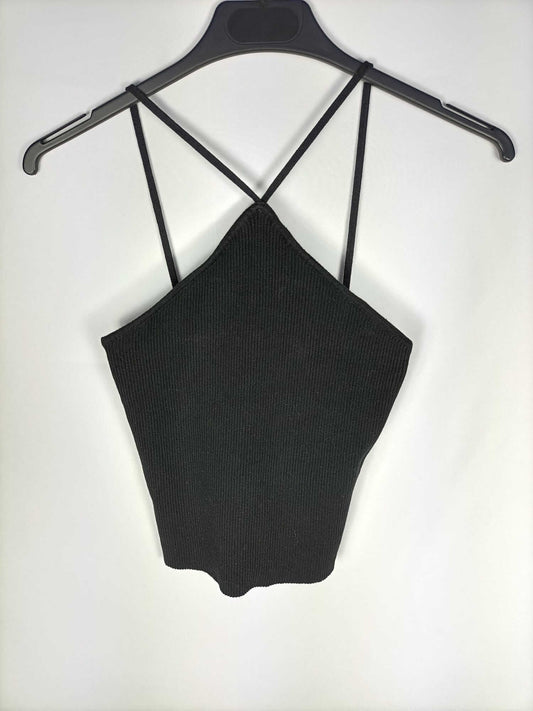 ZARA.Croptop negro canalé cuello halter tirantes T.s