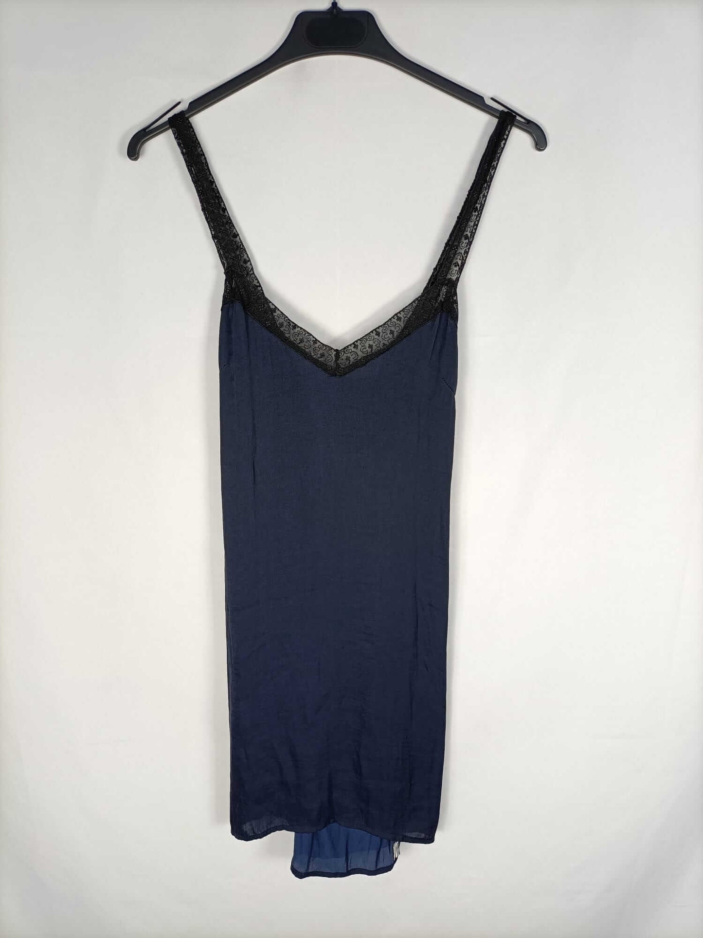 ZARA.Vestido azul encaje negro T.s