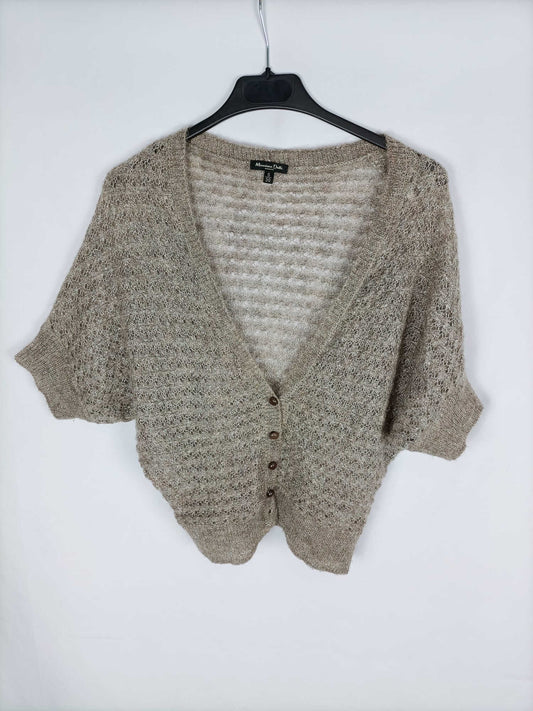 MASSIMO DUTTI. Cardigan de punto fino beige con hilos plateados T s