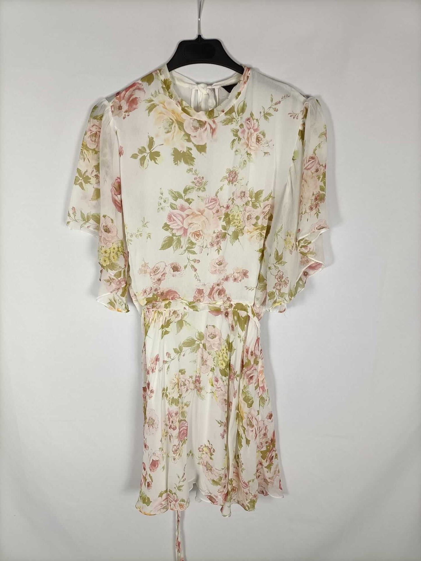 ZARA. Vestido beige flores rosas T.xl