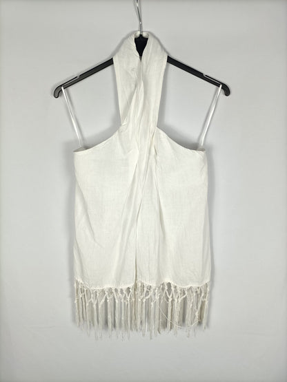 ZARA. Top blanco lino flecos T.xs