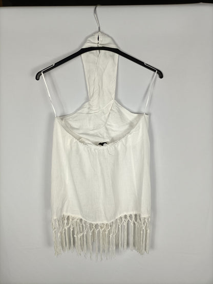 ZARA. Top blanco lino flecos T.xs