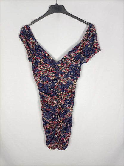 BERSHKA.Vestido azul flores fruncido T.s