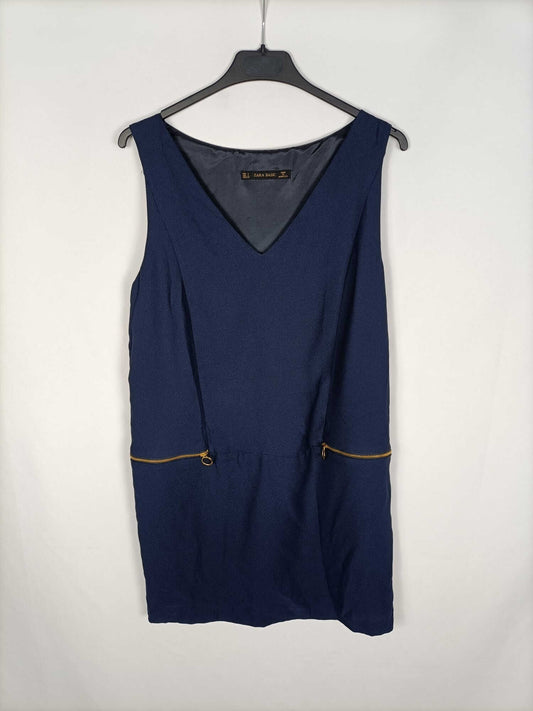 ZARA.Vestido clásico azul cremalleras T.s