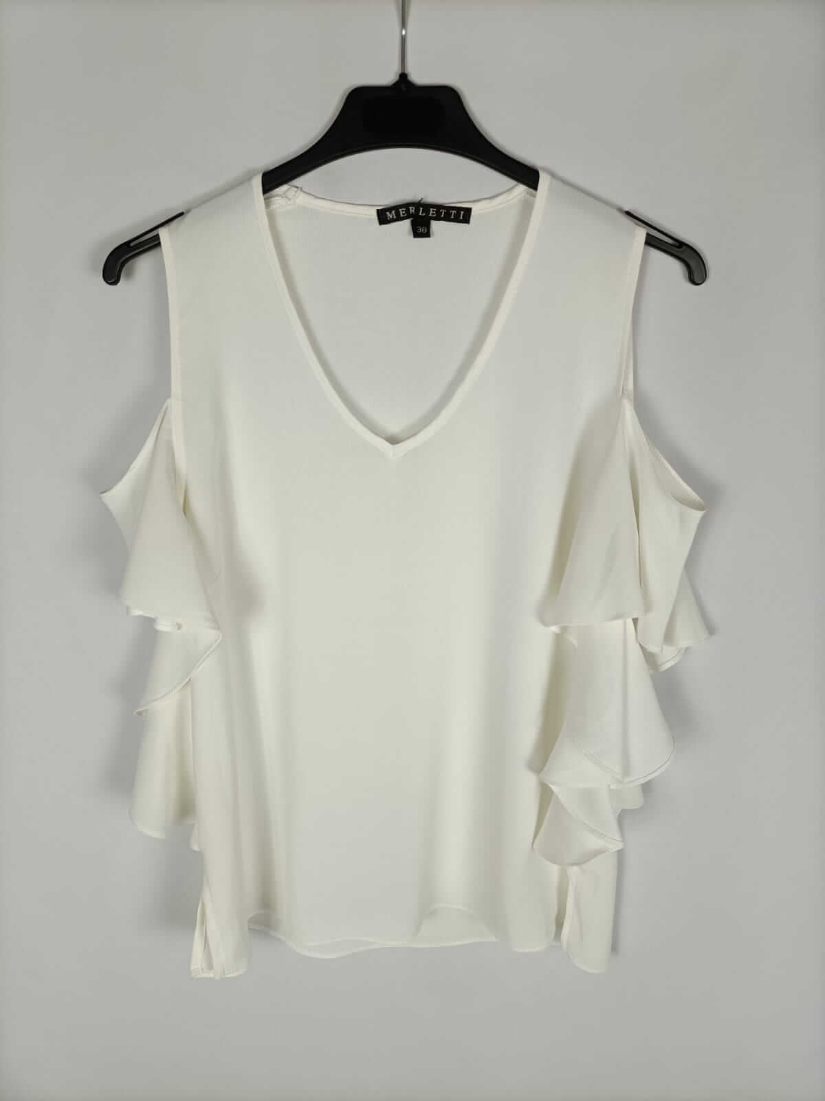 MERLETTI.Blusa blanca volantes T.38 (m)