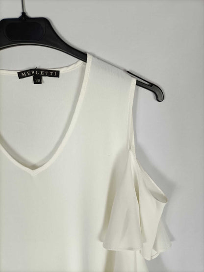 MERLETTI.Blusa blanca volantes T.38 (m)