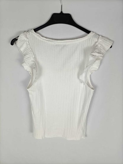 MERLETTI.Blusa blanca volantes T.38 (m)