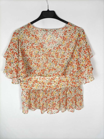 ZARA.Blusa flores volantes T.L