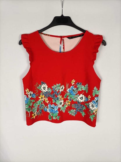 ZARA.Top rojo flores T.xs