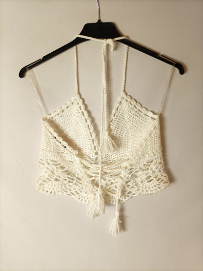 HUNKEMOLLER. Croptop blanco croché T.s