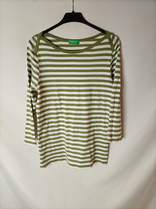 BENETTON. Camiseta rayas verde y blanca T.l