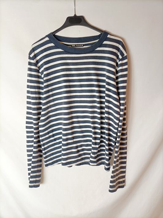 ZARA. Camiseta azul rayas T.l