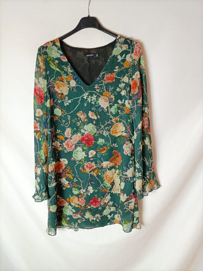 DENNY ROSE. Vestido gasa verde estampado. T 40