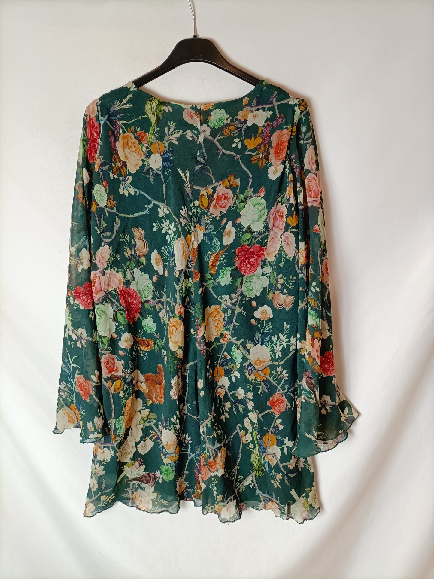 DENNY ROSE. Vestido gasa verde estampado. T 40