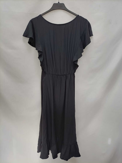 MEISIE.Vestido midi negro rayas con volantes T.