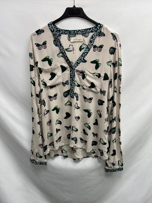 INDI&COLD. Blusa blanco roto estampado mariposas verdes T.s