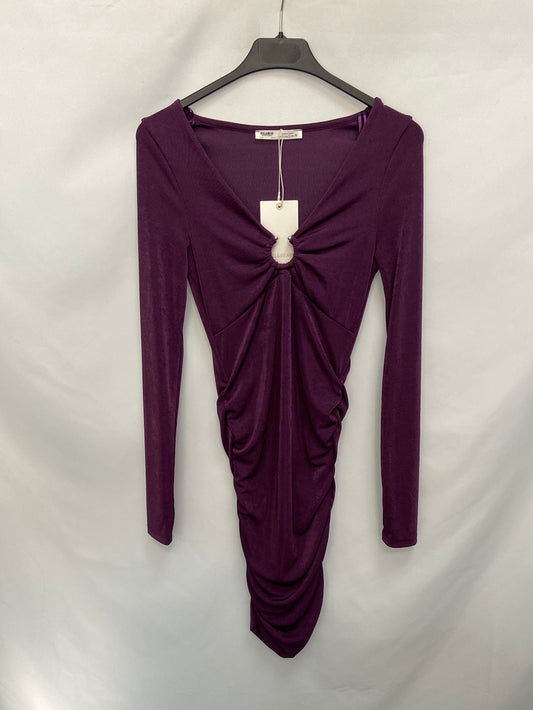 PULL&BEAR.Vestido corto fruncido morado T.s