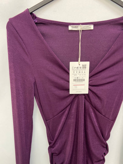 PULL&BEAR.Vestido corto fruncido morado T.s